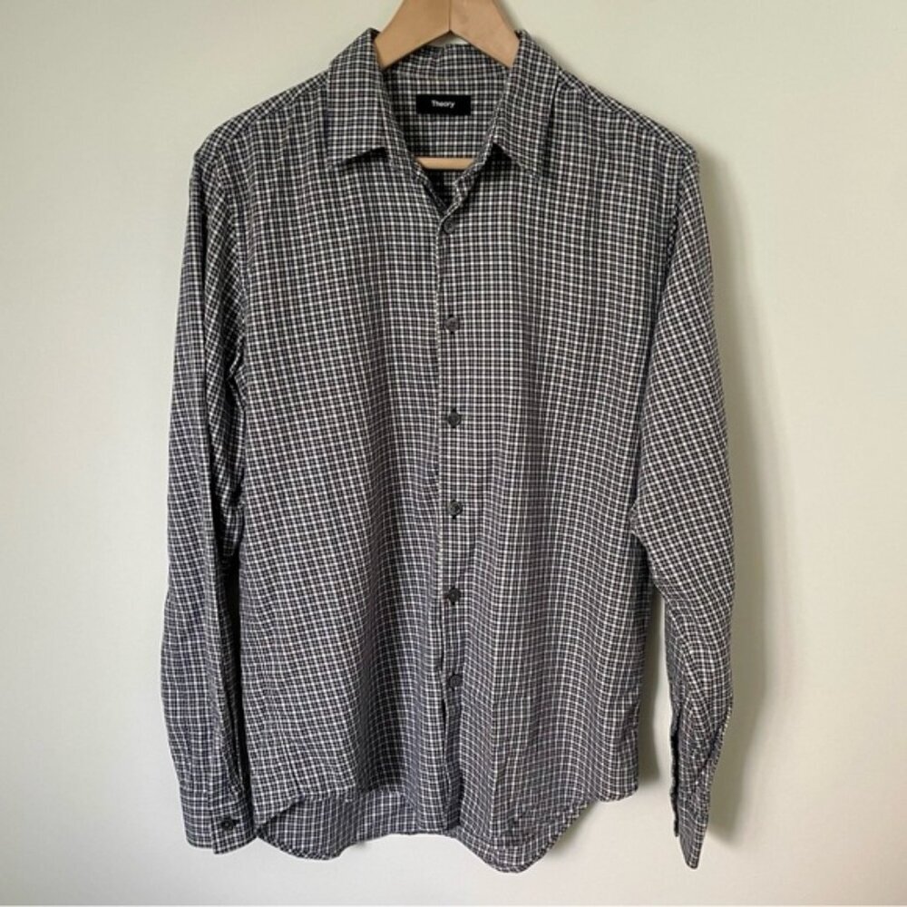Theory Men’s Rammy NP Fall Grid Button Down Cotton Dress Shirt Black and White